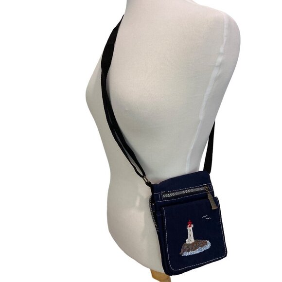 Vintage Navy mini Crossbody Bag With Lighthouse Embroidery Zipper Closure travel - Picture 1 of 12